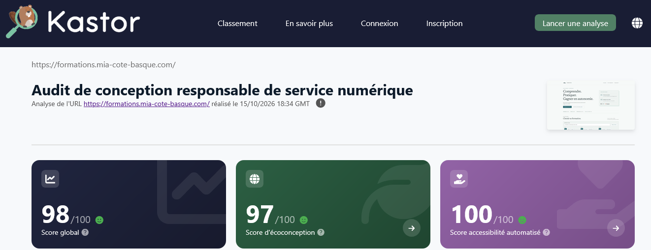 Résultat Kastor du 15 octobre 2026 pour formations.mia-cote-basque.com : 98 sur 100 au global, 97 en écoconception et 100 pour les contrôles automatisés d’accessibilité.
