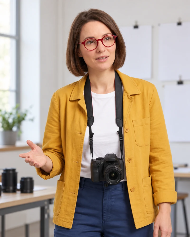 Scène générée : le personnage fictif en veste moutarde explique un sujet, une main ouverte, avec un appareil photo devant des feuilles vierges.