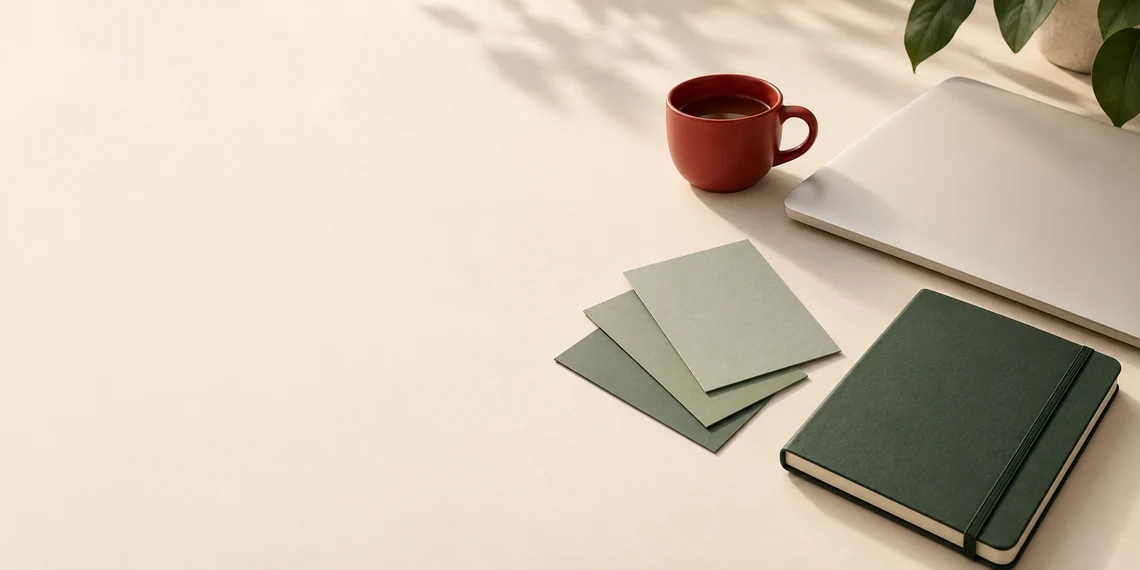 Avant : une tasse rouge accompagne le carnet et les cartes vertes, sur une table crème.