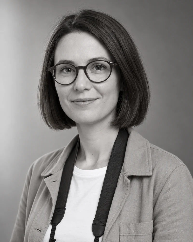 Portrait généré en noir et blanc du personnage fictif, légèrement de trois quarts, avec lunettes rondes et carré brun.