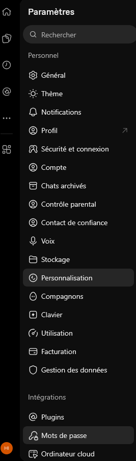 Menu des paramètres dans ChatGPT