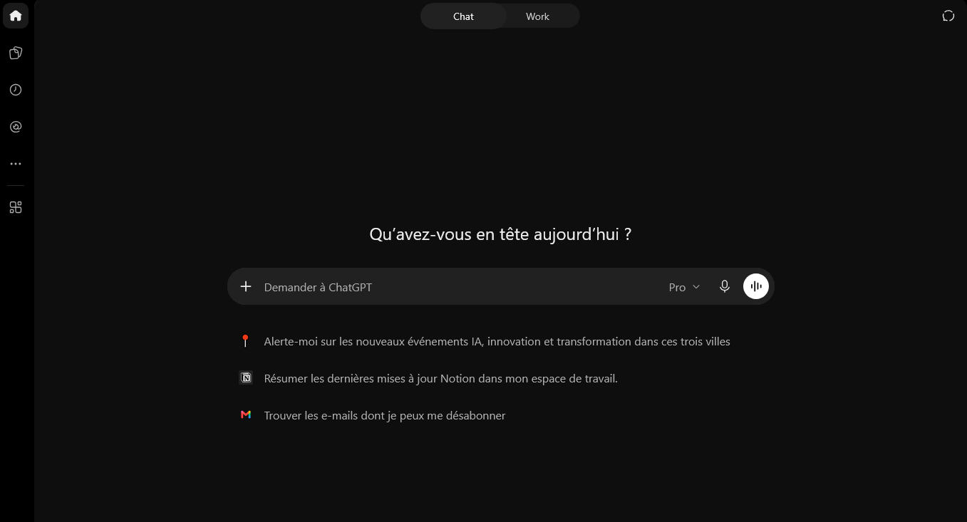 Le même accueil avec le volet replié : la liste des conversations n’est pas affichée. Les fonctions de saisie restent présentes.