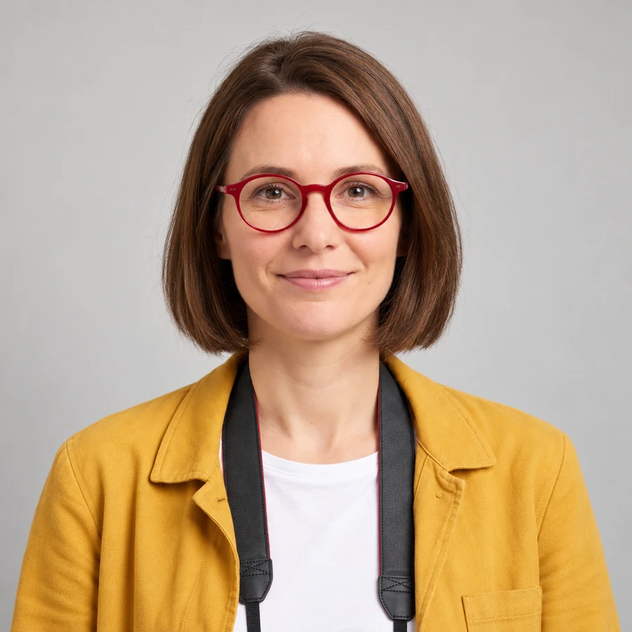 Portrait généré du personnage fictif : carré brun, lunettes rouges, veste moutarde, fond gris clair.