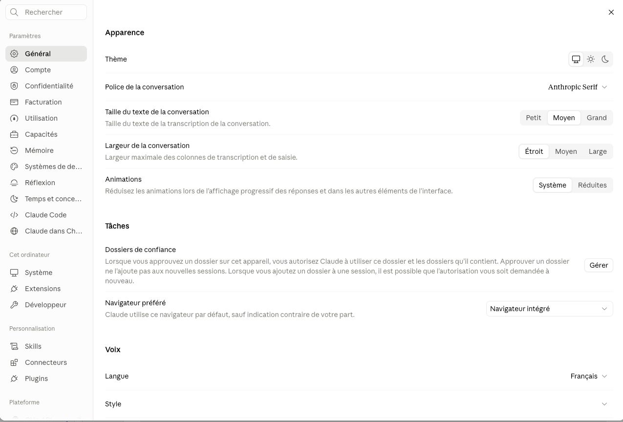 Général : apparence, tâches et voix, dans l’application Claude