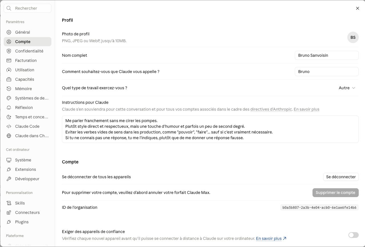 Compte : profil et instructions, dans l’application Claude