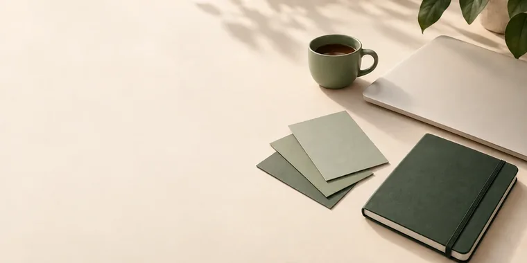 Illustration de l’atelier : carnet, cartes et tasse verte sur une table crème.